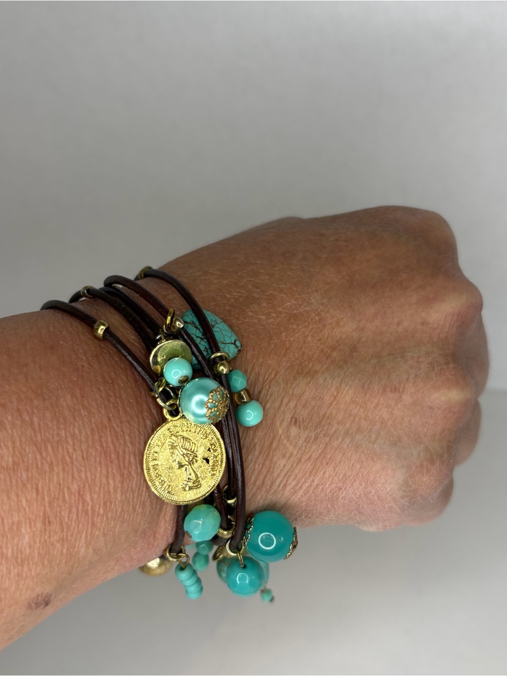 Turquoise Beaded Wrap Bracelet with Gold Coin Charm